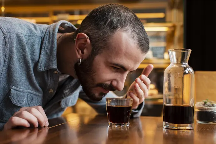 a man sniffing a coffee